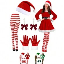 4 món trang phục bà già Noel cho phụ nữ hóa trang Giáng sinh bao gồm mũ ông già Noel, quần bó sọc, găng tay, hoa tai cho tiệc Giáng sinh (không có quần áo) dạ hội - Nhiều màu - Xem 1