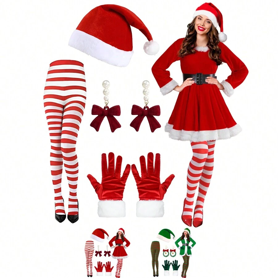 4 món trang phục bà già Noel cho phụ nữ hóa trang Giáng sinh bao gồm mũ ông già Noel, quần bó sọc, găng tay, hoa tai cho tiệc Giáng sinh (không có quần áo) dạ hội - Nhiều màu - Xem 1