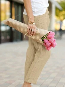 Fashionable Casual Solid Color Elastic Waist Drawstring Pocket Casual Pants