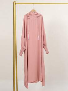 1pc Women Chiffon Crinkled Abaya, Muslim Hooded Drawstring Robe, Fashionable Solid Color Hijab, Elegant Casual Comfortable Outerwear, Suitable For Daily Life,Modest