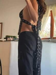 Womens Sexy Backless Halter Cami Tank Top With Scarf Sets Y2k Polka Dot Print Spaghetti Strap Sleeveless Deep V Neck Tie Back Crop Camisole Tops Summer Going Out Tops Club Streetwear - màu đen - Xem 8