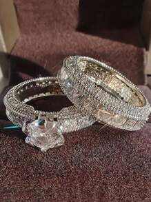 2pcs Elegant Stacking Promise Rings Paved Shining Zirconia Engagement/ Wedding Rings Valentine's Day Gift For Her Luxury Jewelry Royal - Silver - View 2