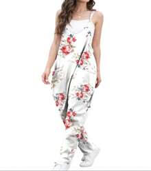 Standard Size Women's European And American Cross-Border New Casual Printed V-Neck Adjustable Suspender Jumpsuit With Pockets - 白色 - 查看 3