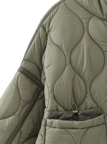 Women Lightweight Quilted Jacket Solid Color Long Sleeve Stand Collar Zipper Coat Winter Jackets Outerwear - 軍綠色 - 查看 3