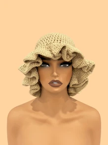 1 件女士手工钩编荷叶边针织贝雷帽，成人软边钟形帽，轻质镂空蕾丝无檐小便帽，有弹性，Y2K 风格，适合日常穿着、摄影、聚会、野餐、户外活动，保暖、防风、保暖耳朵、圣诞节