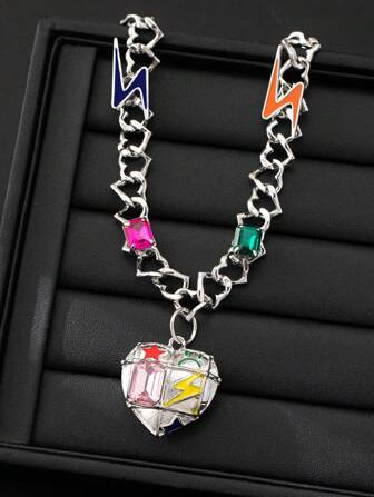 1pc Y2K Hip Hop Punk Style Metal Dopamine Lightning And Heart Pendant Necklace, Suitable For Women's Daily Wear Valentines,Mom,Mother,Mother's Day,Gift