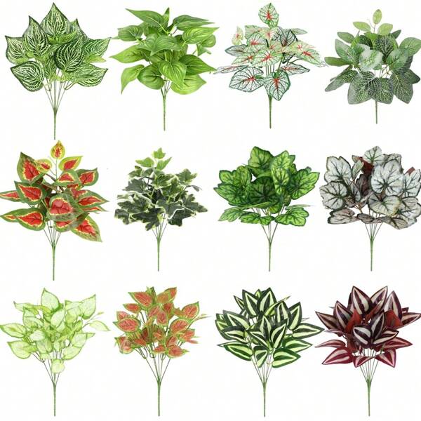 Planta artificial verde de 30 cm con 7 flores de hoja de sandía, planta de tortuga pequeña de madera verde para decoración de sala de estar, oficina