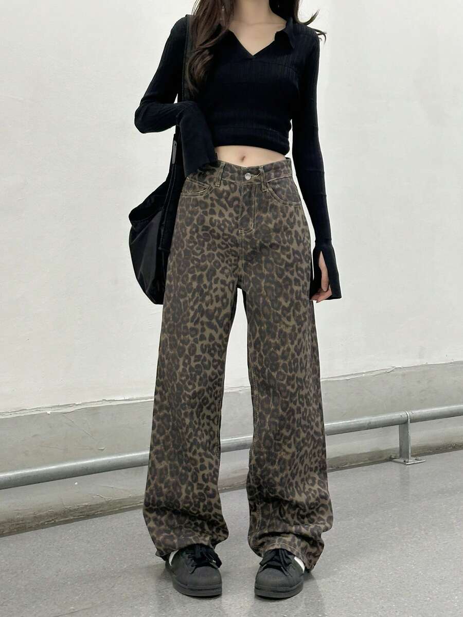 新款豹纹宽松直筒牛仔裤，复古设计休闲阔腿裤女 - 棕色 - 查看 1