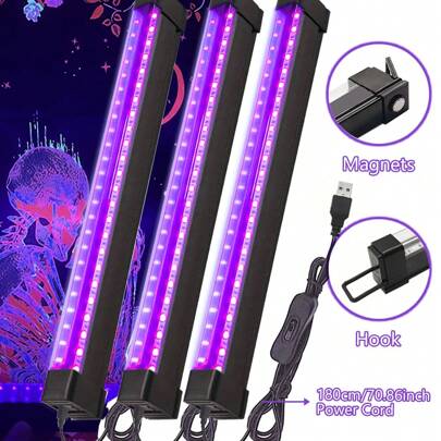 Lâmpada ultravioleta UV preta de 1/2/3/4 peças, luz negra para pintura corporal fluorescente, festa de aniversário, festa de fim de ano, tubo de luz negra portátil USB 5V com gancho magnético, adequada para Natal, Halloween