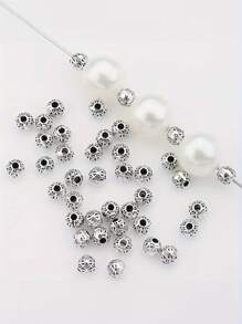 50 件锌合金珠子，用于珠宝制作，4 毫米球形隔珠，古银和银色饰面，花卉图案圆形珠子组合，适用于 DIY 项链、耳环和工艺配件 - 銀色 - 查看 10