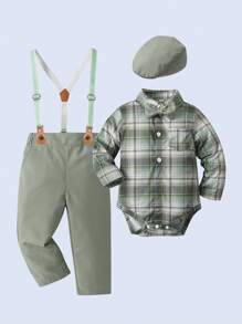 BOARNSEORL Conjunto de 3 piezas para niño bebé estilo caballero: Camisa de manga larga a rayas con pajarita, peto con tirantes y gorra, adecuado para salidas diarias, actuaciones, fiestas de 1 año, coro, recital de piano