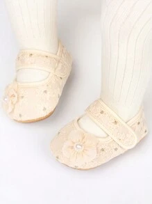 1 Pair Infant Girls 0-1 Years Old Flower Embroidered Cloth Hook-And-Loop Elegant Princess Style Non-Slip Breathable Pre-Walker Shoes, Suitable For Spring And Autumn - Apricot - View 5