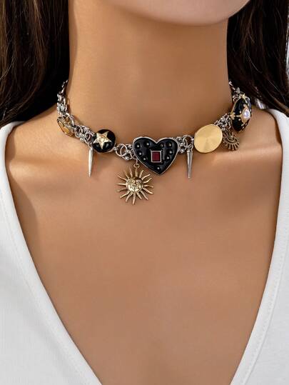 1pc Retro Hip Hop Punk Chic Zinx Alloy Multi Pendant Necklace, Suitable For Daily Wear