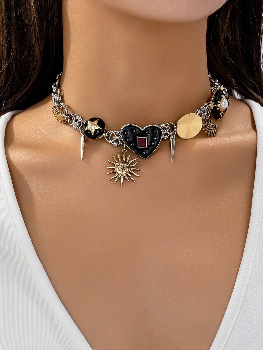 1pc Retro Hip Hop Punk Chic Zinx Alloy Multi Pendant Necklace, Suitable For Daily Wear