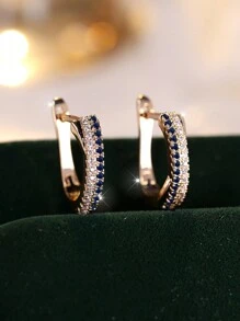 1 对优雅金色和海军蓝方晶锆石线条设计订婚/结婚耳钉，日常珠宝 - 耳環 - 查看 2