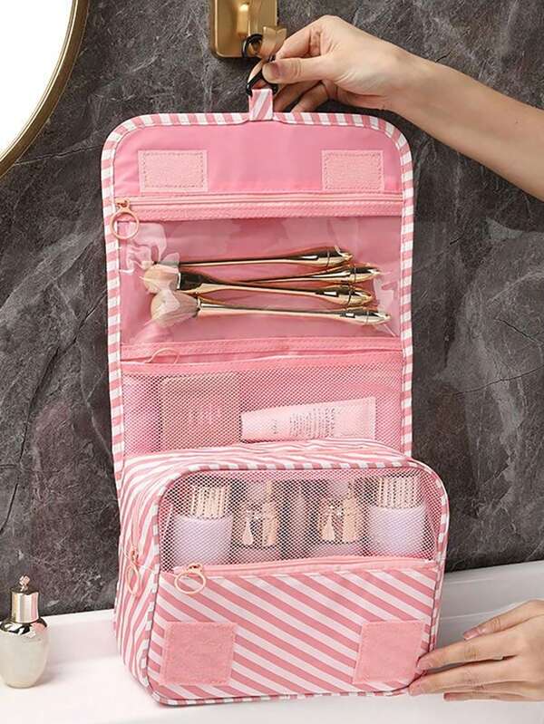 1pc Pink Striped Herringbone Thickened Wet & Dry Separable Hanging Toiletry Bag, Suitable For Travel & Business Trips Wash Bag Toiletry Travel Bag Makeup Storage Beach Beach Bag Vacation Holiday Essentials School Supplies Travel Essentials Ladies For College Dorm Bathroom Back To School Supplies
