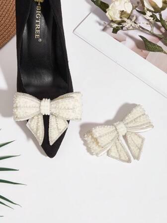 1 Pair New Fashion Pearl Bow Detachable Shoe Clips, DIY Shoe Decorations With Pearl & Rhinestone