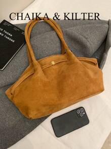 CHAIKA & KILTER 1 chiếc túi đeo vai bằng vải da lộn màu trơn, túi tote đeo vai dung tích lớn phong cách cổ điển dành cho nữ với thiết kế xếp ly, thắt lưng có thể điều chỉnh, khóa bấm từ tính, dành cho nữ, túi xách nữ thu đông mới, ví thu đẹp nhất, túi da lộn thời trang mới nhất dành cho nữ, hoàn toàn phù hợp với trang phục mùa thu, quần áo thu cho nữ - màu nâu - Xem 5