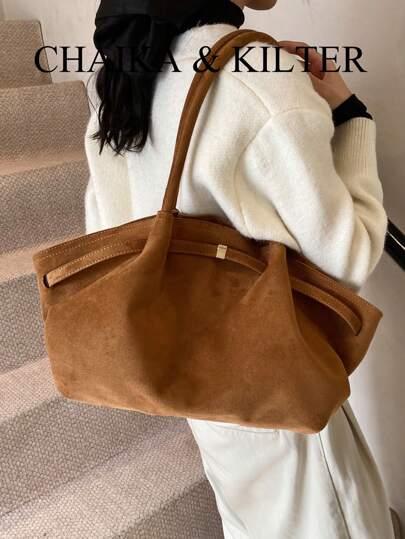CHAIKA & KILTER 1pc Solid Color Suede Fabric Shoulder Bag, Women Vintage Casual Large Capacity Shoulder Tote Bag With Pleated Design, Adjustable Waist Belt, Magnetic Snap Closure, For Women, New Autumn And Winter Women Bag, Best Fall Purse, Newest Fashionable Suede Bag For Women, Perfectly Matching With Fall Outfits Womenfall Clothes For Women