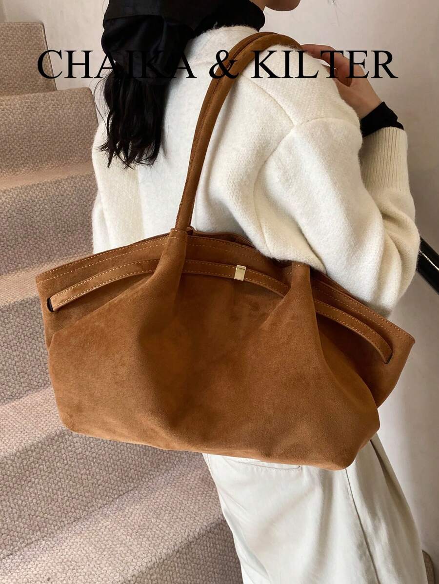 CHAIKA & KILTER 1 chiếc túi đeo vai bằng vải da lộn màu trơn, túi tote đeo vai dung tích lớn phong cách cổ điển dành cho nữ với thiết kế xếp ly, thắt lưng có thể điều chỉnh, khóa bấm từ tính, dành cho nữ, túi xách nữ thu đông mới, ví thu đẹp nhất, túi da lộn thời trang mới nhất dành cho nữ, hoàn toàn phù hợp với trang phục mùa thu, quần áo thu cho nữ