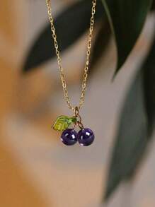 1 pieza Collar colgante con hoja de cerezo y verde, diseño lindo y dulce para uso diario, joyería de mujer - Multicolor - Ver 9