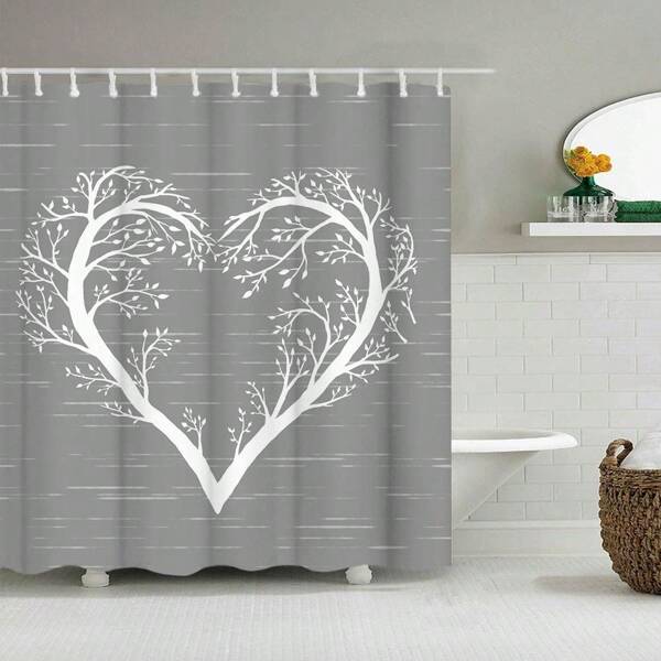1pc Tree Of Life Shower Curtain Fabric White Heart Shaped Tree Branch Bathroom Decor Romantic Love Gray Curtain Waterproof Summer Bathroom Accessories Back To School