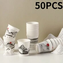 50PCS山水画不同图案纸杯加厚办公室家用商用饮料杯防滑防漏250ML适合家庭聚餐户外露营办公室一次性纸杯
