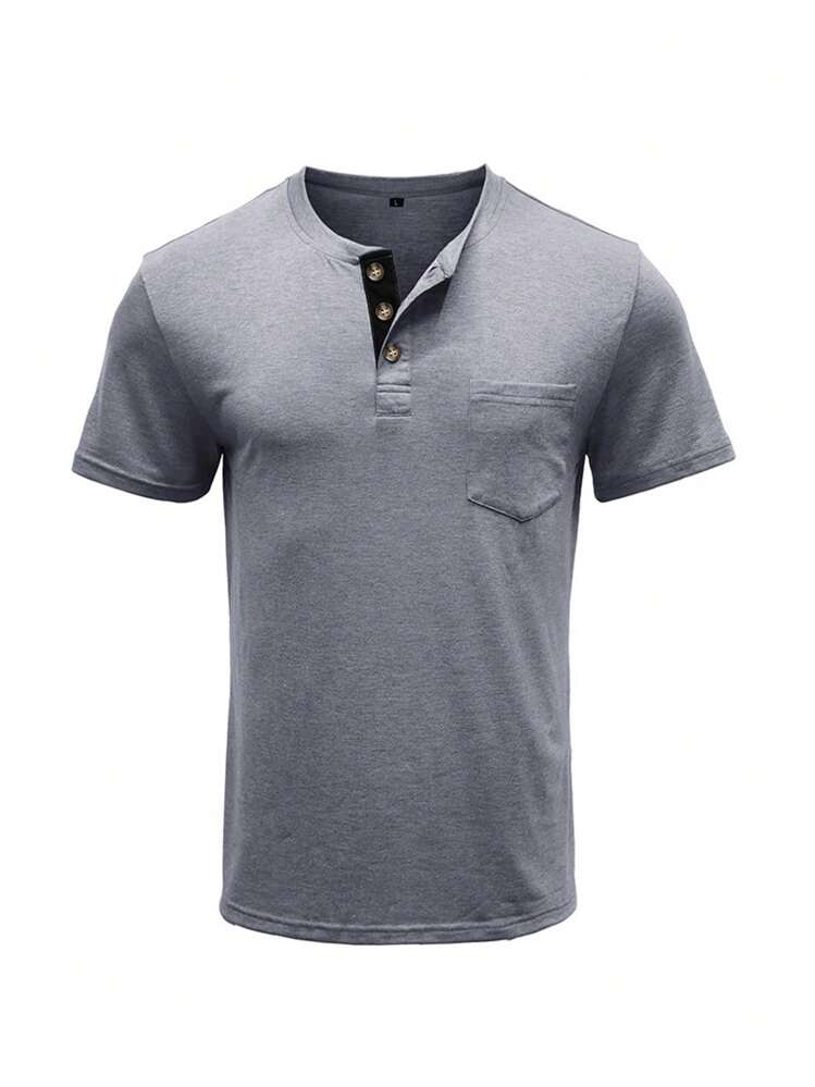 Plus Size Men's Short Sleeve Round Neck Pocket Henley T-Shirt - Grey - View 3