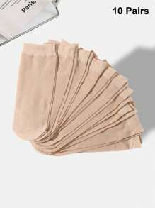 10 Pairs Women Sheer Nylon Ankle Socks, Thin Transparent Short Socks For Spring And Summer, Black And Nude Colors, Casual Design - Beige - View 6