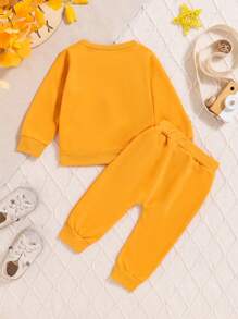 Spring And Summer New Baby Boy Baby Girl Clothes Gingerbread Man Letter Print Sweatshirt Pants Cute Boy Two-Piece Set - Mustard Yellow - View 2