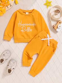 Spring And Summer New Baby Boy Baby Girl Clothes Gingerbread Man Letter Print Sweatshirt Pants Cute Boy Two-Piece Set - Mustard Yellow - View 1