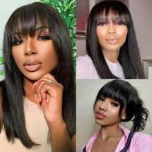 Straight Human Hair Wigs With Bangs For Women Full Machine Made Wigs 14-26 Inches Brazilian Virgin Human Hair Straight Wigs Natural Black Color 180% Density