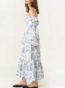 Women's Floral Maxi Dress Y2k Off Shoulder Puff Sleeve High Waist Long Dresses Summer Casual Sundress - 藍色 - 查看 3
