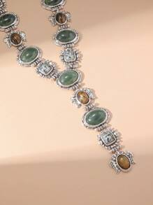 1 件复古夸张时尚仿宝石 Y 形流苏长项链，粗珠宝巴洛克风格法式奢华几何古金色毛衣链吊坠项链适合女性日常、派对、活动 - 銀 - 查看 3