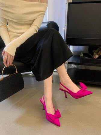 Spring/Summer Fashion Rose Red Pointed High Heel Bow Strap Elegant Muller Sandals Are Suitable For Parties, Valentine's Day And Dates.