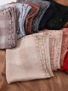 1pc Plain Pleated Beaded Small Square Hijab Scarf - Multicolor - View 2