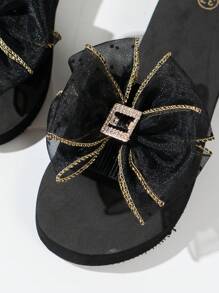 Damen Schlüpf-Pantoffeln mit Schleife, modische High-Heel Slides, neue rutschfeste Sandalen mit dicker Sohle für Outdoor und Strand, Keil-Hausschuhe für Urlaub und Lässig - Schwarz - Übersicht 6