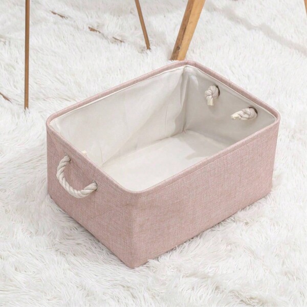 3sizes 1pc Pink Foldable Desktop Storage Basket With Large Capacity And Handle For Toys Organizer, Linen Fabric Storage Basket For Dirty Clothes,For Back To School