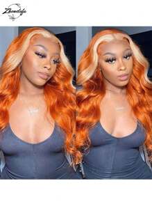 ZHENDEFA Skunk Stripe Wig Ginger Lace Front Wigs Human Hair With Blonde Color 13x4 Body Wave Wig For Orange Ginger Color With 613 Blonde Highlights 150% Density - S613/350 - View 5
