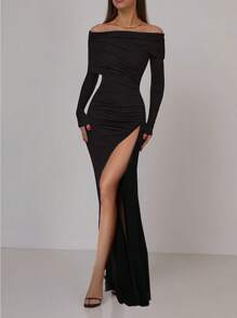 1pc Women Elegant Off Shoulder Long Sleeve Fitted Ruched Long Dress With Side Slit, Back To School For Autumn/Winter, Bardot Design For Christmas & New Year Eve Party Outfit Valentine's Day Party Dress