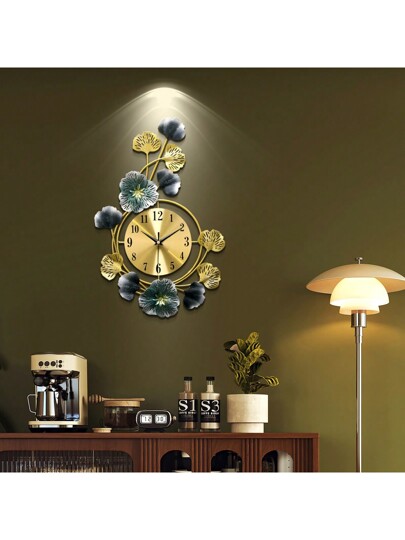 1pc Metallic Zilver Ginkgo Leaf Wand Clock, Vintage Noiseless Time Piece, Bedroom, Home Office, Room, Yoga Studio, Bathroom, Crafts, Ho warming,Home ,Room Birthday Graduation Klok Bedroom Dormitory Back To School