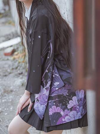 日式动漫角色扮演和服夹克，凤凰鸟印花可爱日本洛丽塔原宿风格，节日动画角色表演制服，学院风格