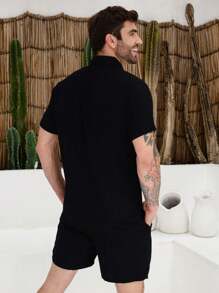 Men's Viscolinho Set With Button-Down Shirt Shorts Summer Beachwear - Black - View 2