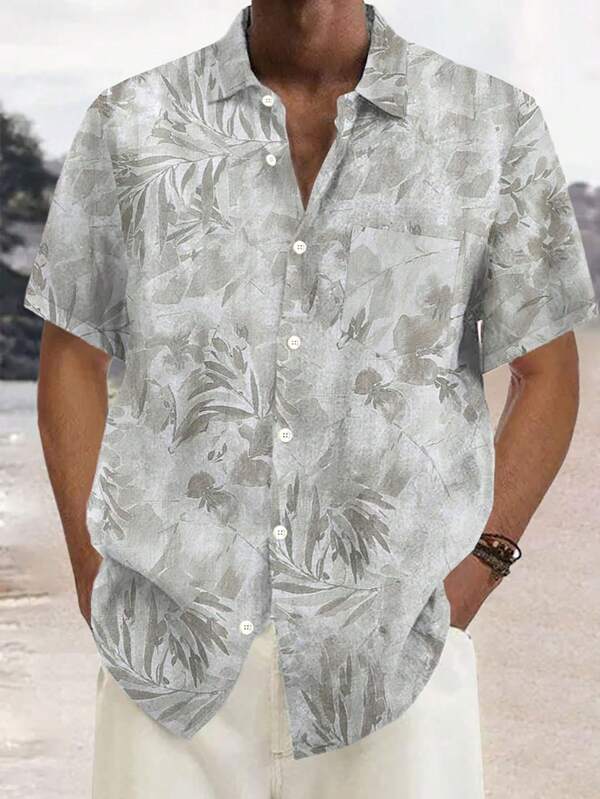 Plus Size Men's Hawaiian Floral & Leaf Print Button Pocket Short Sleeve Shirt