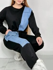 Damski Patchworkowy Casualowy Kombinezon Do Biegania, Poliestrowa Bluza Z Okrągłym Dekoltem I Kieszeniami, Dzianina, Nadaje Się Do Podróży, Domu, Sportu I Imprezy - Seria Jesień/Zima