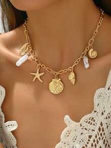 1pc Ocean Style Pendant Necklace With Fashion Starfish, Shell & Faux Pearl Combo Pendants For Women, Suitable For Daily Wear, Beach, Travel & Photography