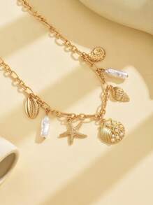 1pc Ocean Style Pendant Necklace With Fashion Starfish, Shell & Faux Pearl Combo Pendants For Women, Suitable For Daily Wear, Beach, Travel & Photography