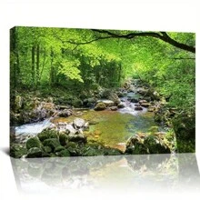Canvas Print Wall Art River Through The Green Forest Nature Wilderness Photography Modern Art Rustic Scenic Colorful Multicolor For Living Room, Bedroom