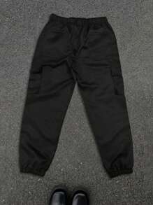 Men's Letter Print Drawstring Waist Casual Cargo Pants With Multiple Pockets - Black - View 3