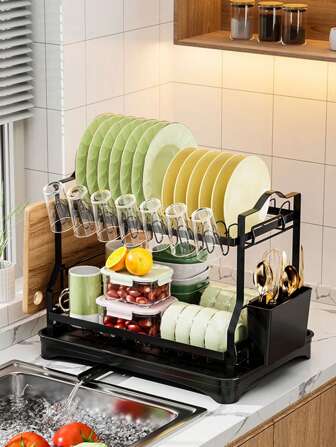 1 Pc Iron Detachable Dish Drying Rack, Large Capacity Kitchen Counter Storage Rack, Waterproof Anti-Rust Multi-Function Double-Layer Dish Dry Rack
